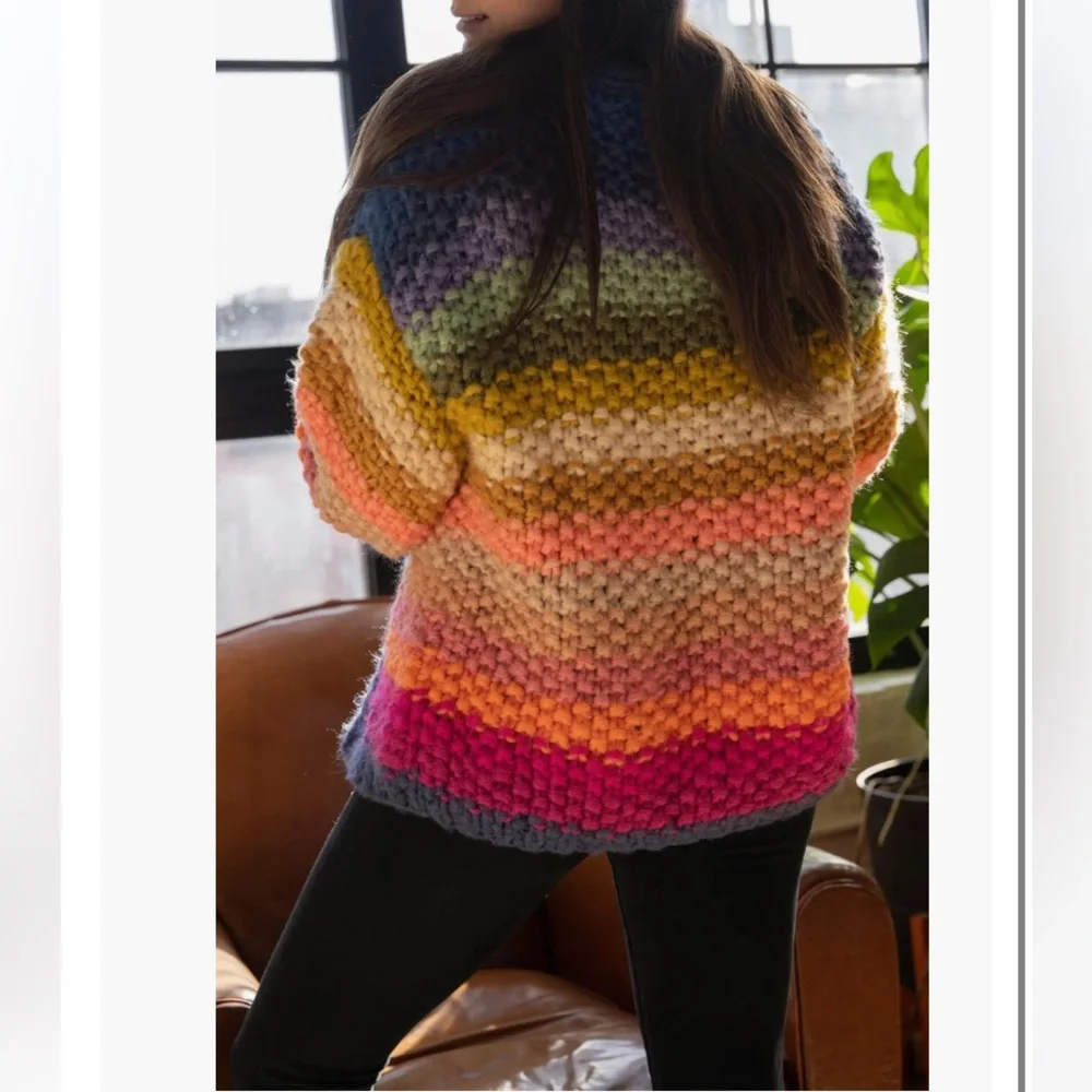 SAACHI Multicolor Chunky Knit Striped Cardigan - Blue, Pink, Yellow - Picture 6 of 13